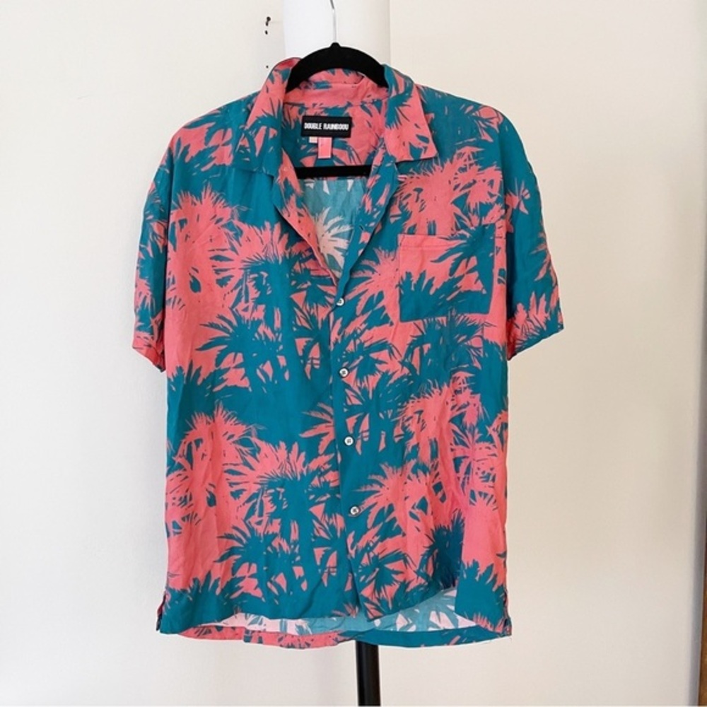 Double Rainbouu Mens Hawaiian Short Sleeve Button Down Shirt Peach/Teal  size XS